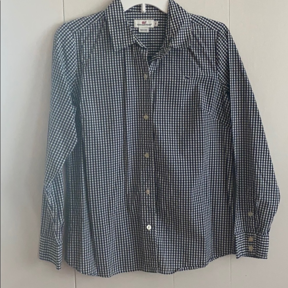 Vineyard Vines Navy gingham print shirt Sz 8 EUC
